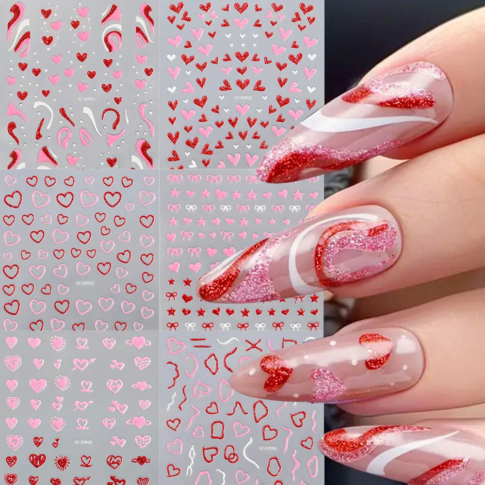 1Pc Red Pink White Heart Bow Nail Art Stickers with Glitter Sequins 5D Self Adhesive Nail Decorations Slider Decals DIY Manicure (ONLINE ORDER ONLY)