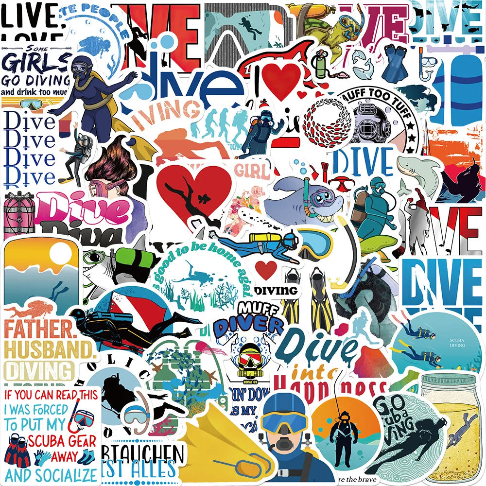 50pcs Cartoon Diving Sports Stickers for Helmet, Wall, DIY Decoration (Online Order Only)