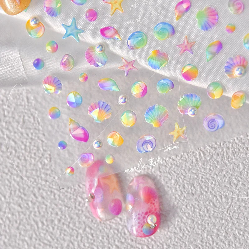 Fantasy Beach Summer Dreamy Colorful Seasnail Shell Pearl Conch Jelly Star 5D Decals Soft Relief 3D Decoration Nail Art Stickers (Online Order Only)