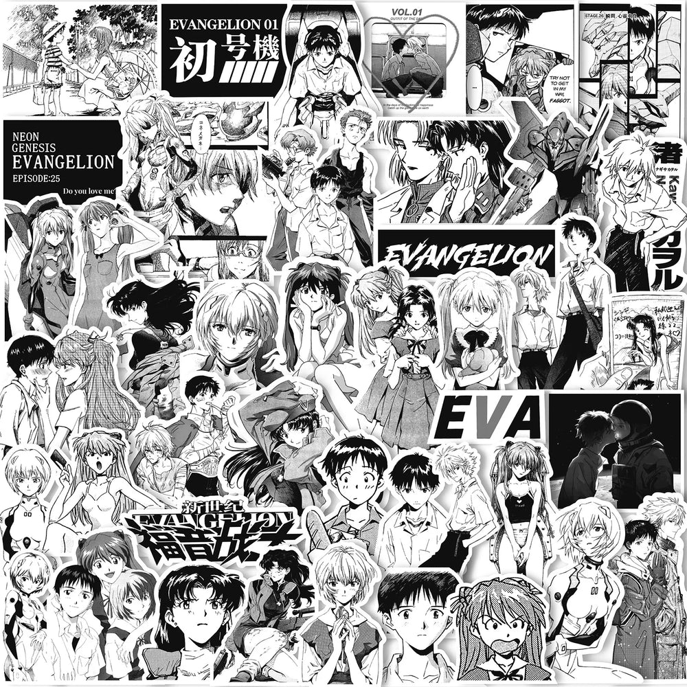 60/70pcs Neon Genesis Evangelion Black and White Sketch Stickers Japan Classic Anime Mug Notebook Skateboard DIY Stickers (ONLINE ORDER ONLY)