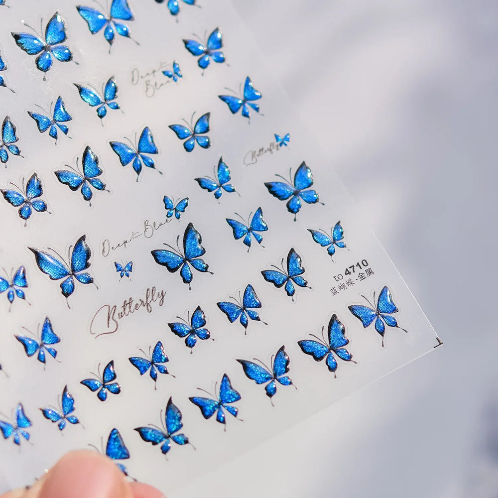 Charming Delicate Sapphire Color Blue Black Stroke Butterfly Jelly Relief Rhinestone Adhesive Nail Art Stickers Manicure Decals (Online Order Only)