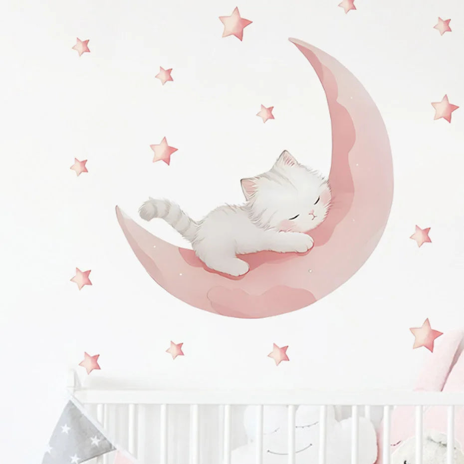 Pink Cat Moon Wall Stickers Kids Room Decor (Online Order Only)
