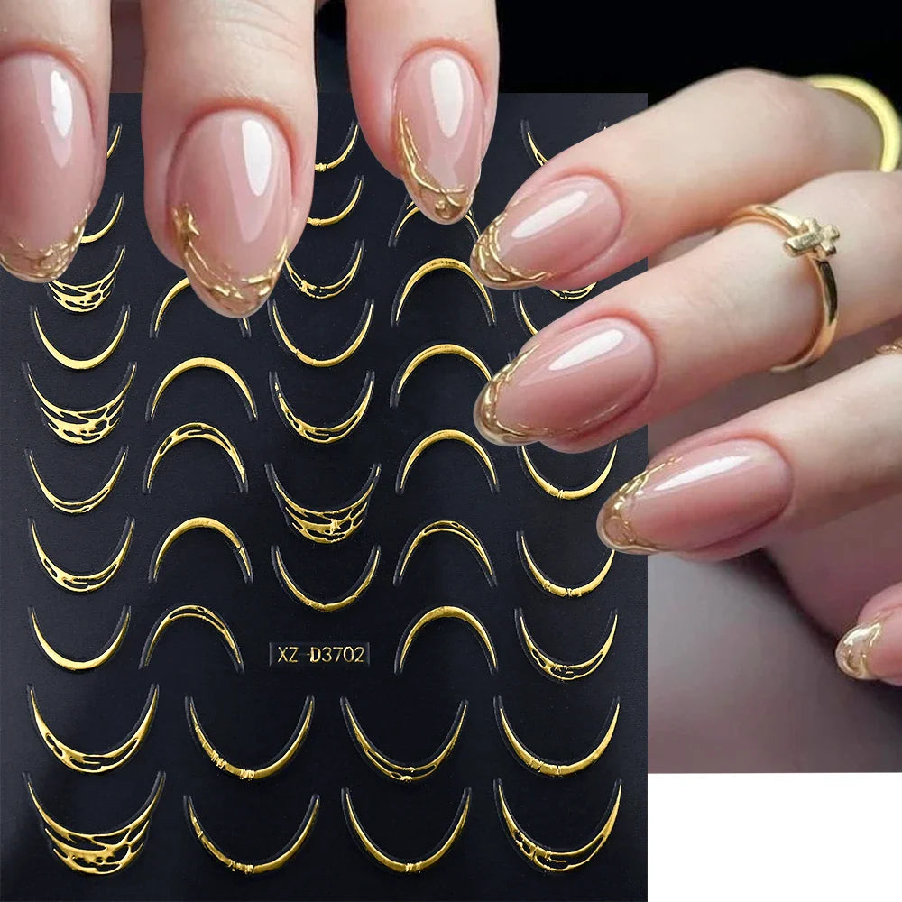 1pc 3D Gradient French Nail Stickers with Crown & Tassel Design Gold Silver Lines Self-Adhesive Nail Art Waterfall Manicure Foil (Online Order Only)