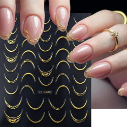 1pc 3D Gradient French Nail Stickers with Crown & Tassel Design Gold Silver Lines Self-Adhesive Nail Art Waterfall Manicure Foil (Online Order Only)