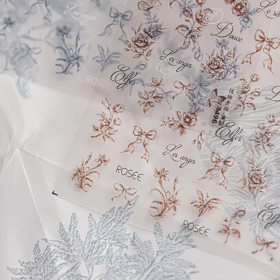 Brown Blue White Hand Drawn Sketch Plants Leaves Bowknot Butterfly Flowers Adhesive Nail Art Decoration Stickers Manicure Decals (Online Order Only)