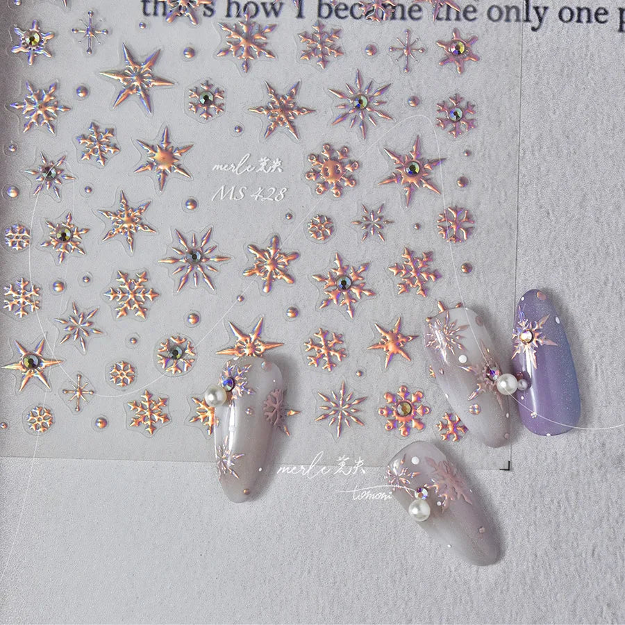 Winter Christmas Crystal Delicate Hexagon Romantic Laser Silver Chic Snowflakes Self Adhesive Nail Art Sticker 5D Manicure Decal (ONLINE ORDER ONLY)