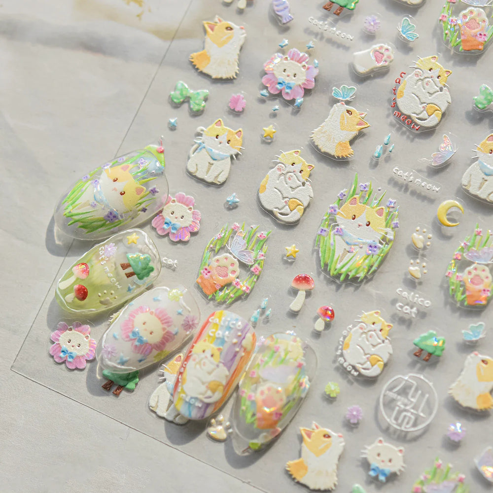 Picnic Cat Kitten Bowknot Flower Fish Butterfly Tree Mushroom Star Moon Cat's Paw Adhesive Nail Art Sticker Cute Manicure Decals (Online Order Only)