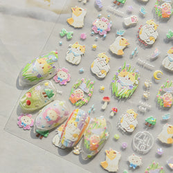 Picnic Cat Kitten Bowknot Flower Fish Butterfly Tree Mushroom Star Moon Cat's Paw Adhesive Nail Art Sticker Cute Manicure Decals (Online Order Only)