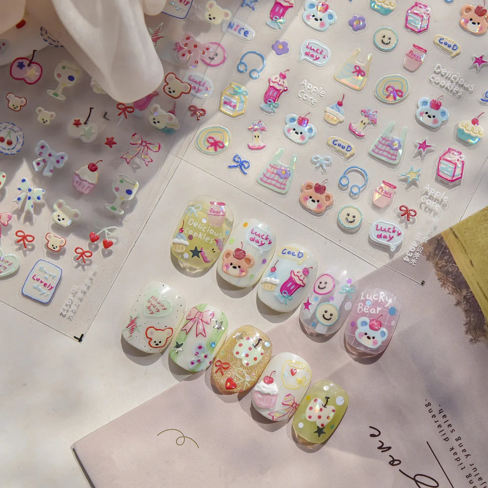 Cute Lucky Bear Apple Core Star Bowknot Flower Delicious Cookies Cherry Cake Dessert Milk Vase Adhesive Nail Art Stickers Decals (ONLINE ORDER ONLY)