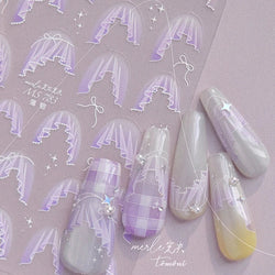 French Skirt Hem Halo Dyeing Purple Pink White Hemline Bowknot Wedding Veil Dreamy Star Adhesive Nail Art Sticker Manicure Decal (ONLINE ORDER ONLY)
