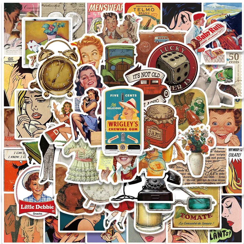 52PCS Retro Pop Art Vintage Stickers for Laptop, Motorcycle, Skateboard, Luggage, Aesthetic Decals (Online Order Only)