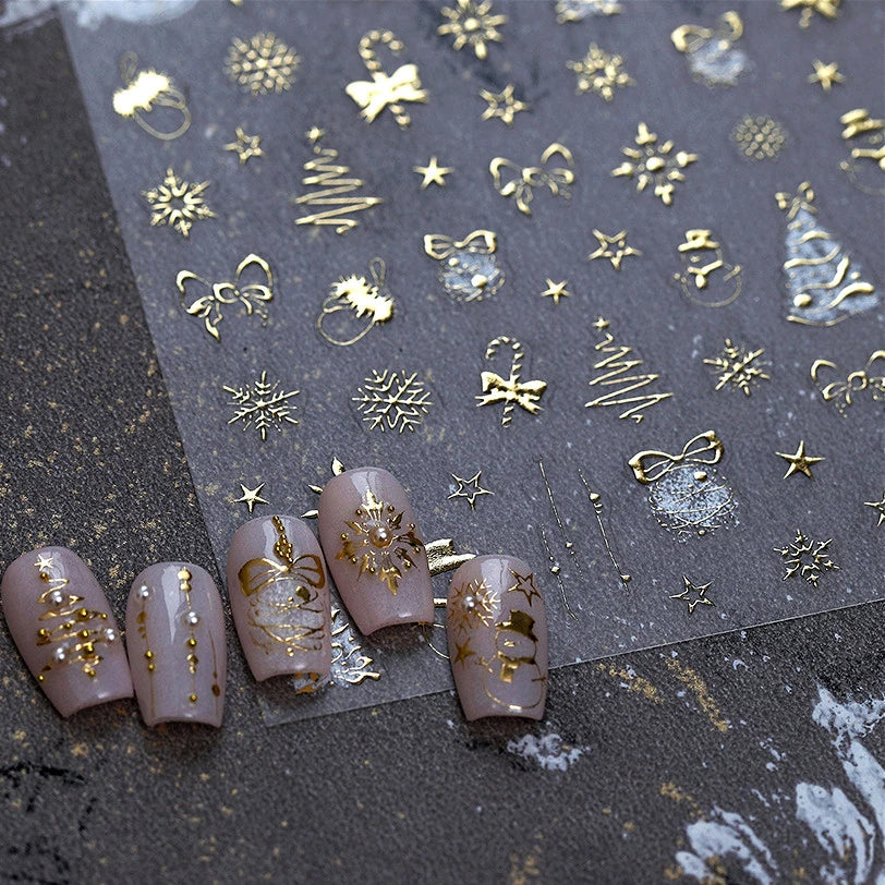 Hot Stamping Christmas Tree Bell Bowknot Cane Snowman Star Adhesive Nail Art Stickers Snowflake Glitter Powder Manicure Decals (ONLINE ORDER ONLY)