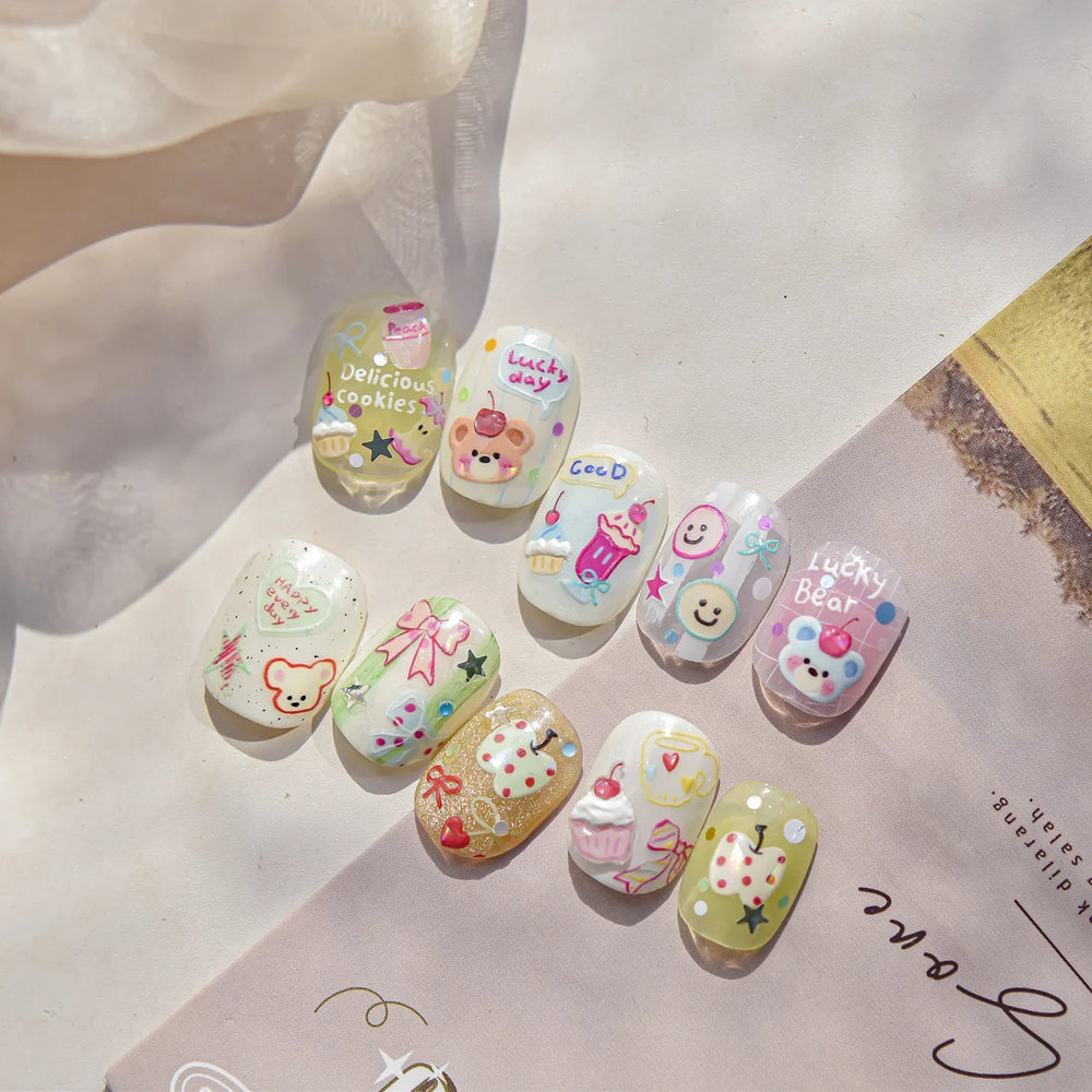 Cute Lucky Bear Apple Core Star Bowknot Flower Delicious Cookies Cherry Cake Dessert Milk Vase Adhesive Nail Art Stickers Decals (ONLINE ORDER ONLY)