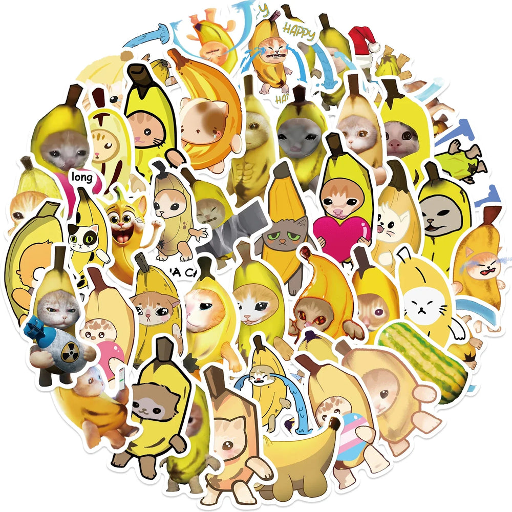 50Pcs  Banana Cat Cartoon Kawaii Sticker DIY Scrapbook Laptop Stationary Guitar Suitcase Sticker Cute Animal Decals Kids Toys﻿ (Online Order Only)