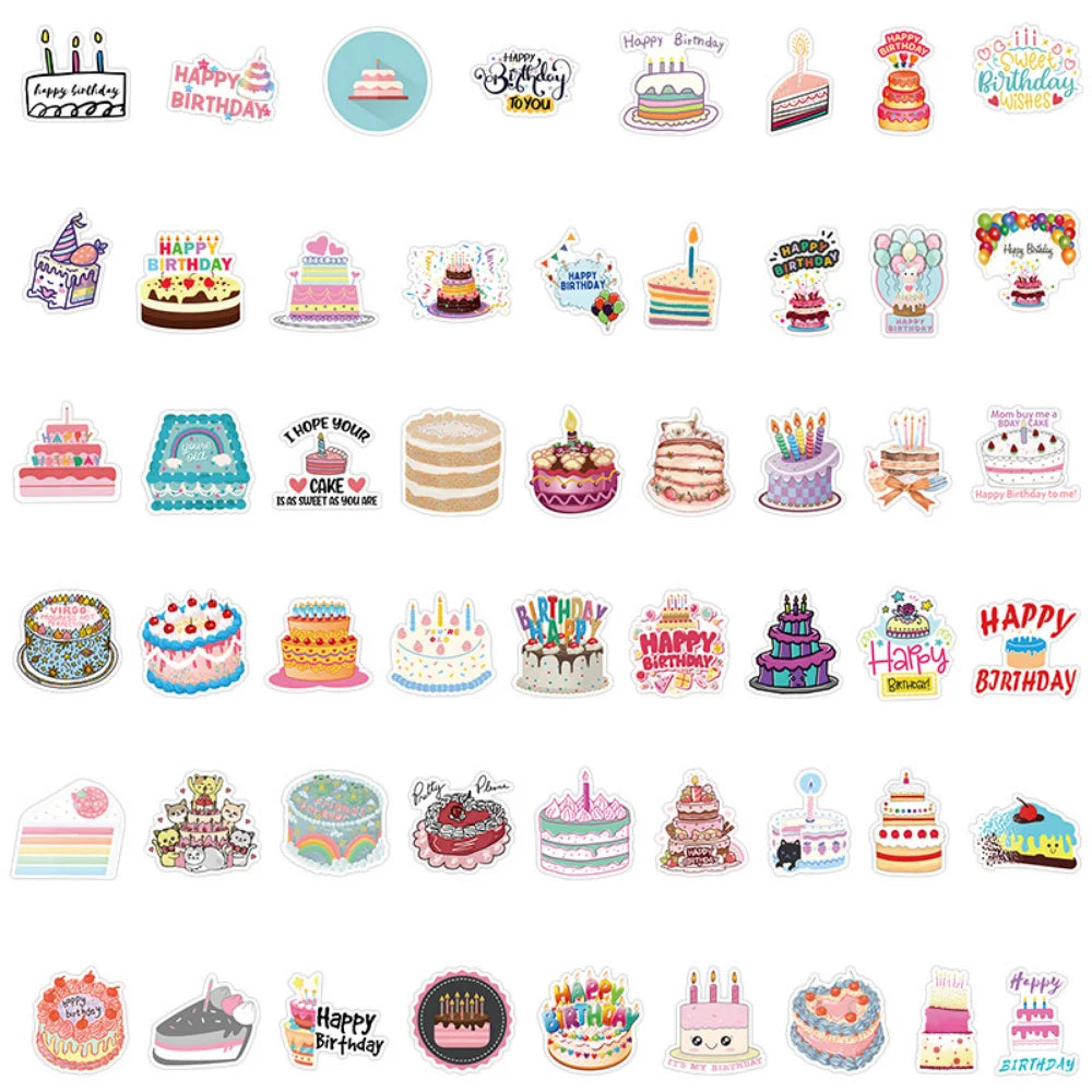 50/100Pcs Cake Happy Birthday Stickers DIY Bike Travel Luggage Guitar Laptop Waterproof Cool Graffiti Sticker Decals Kid Toys (Online Order Only)