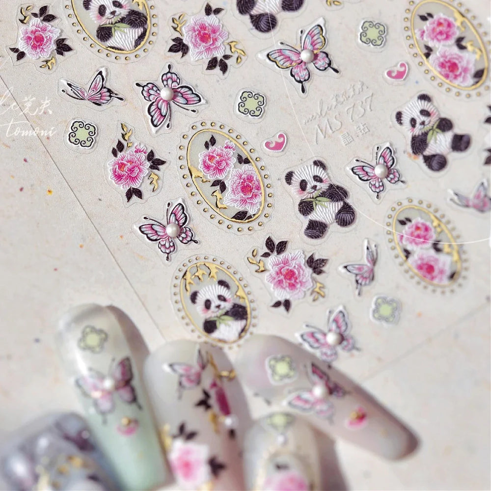 Panda Bamboo Butterfly Pattern Totem Figure Peony Flower Love Heart Adhesive Nail Art Stickers Embroidery Pearl Manicure Decals (ONLINE ORDER ONLY)