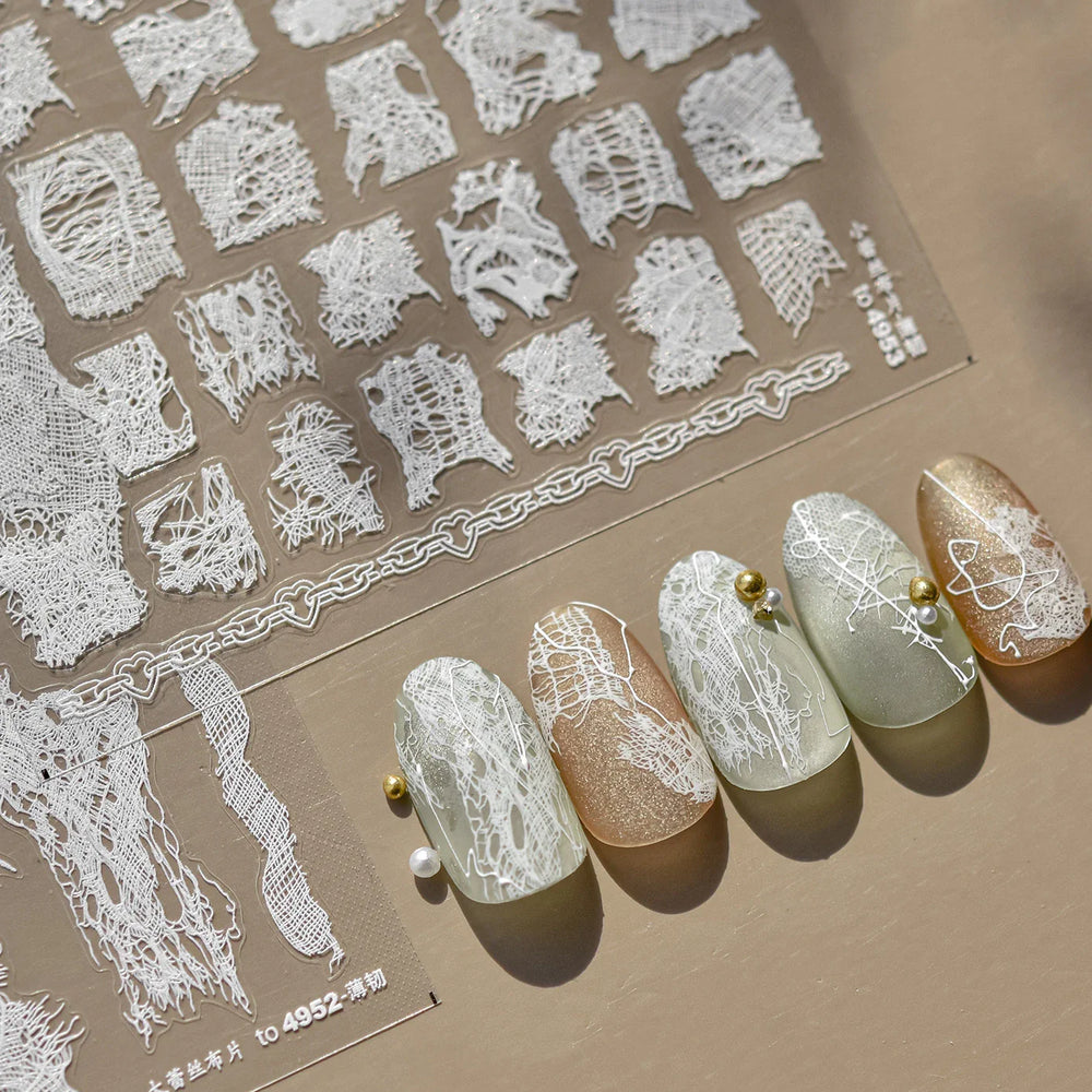 Retro White Lace Bandage Line Bowknot Irregular Fabric Cording Square Calligraphy Adhesive Nail Art Sticker 3D Manicure Decals (ONLINE ORDER ONLY)