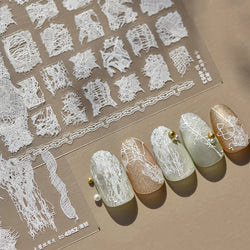Retro White Lace Bandage Line Bowknot Irregular Fabric Cording Square Calligraphy Adhesive Nail Art Sticker 3D Manicure Decals (ONLINE ORDER ONLY)