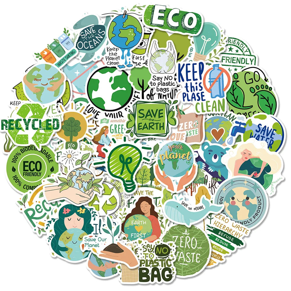 10/30/50PCS Protect Environment Green Cartoon Sticker DIY Waterproof Suitcae Bicycle Skateboard Scrapbook Car Laptop Wall Decals (Online Order Only)