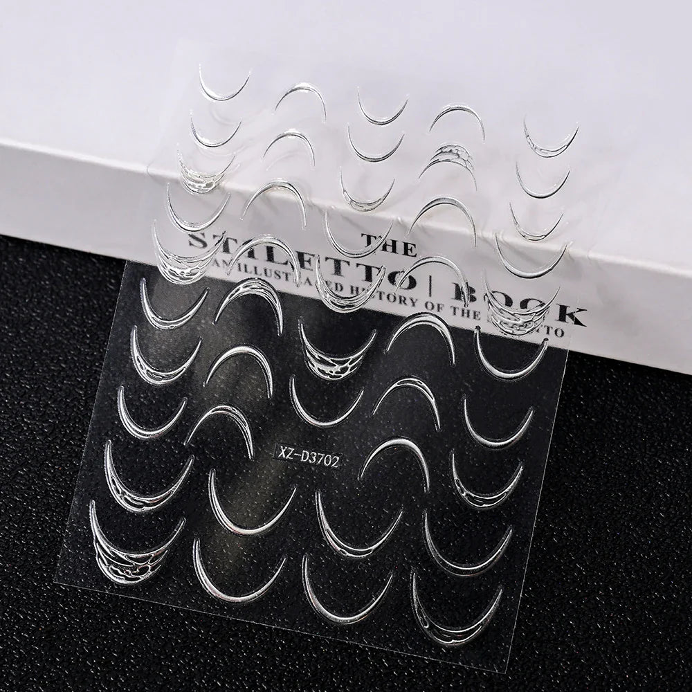 1pc 3D Gradient French Nail Stickers with Crown & Tassel Design Gold Silver Lines Self-Adhesive Nail Art Waterfall Manicure Foil (Online Order Only)