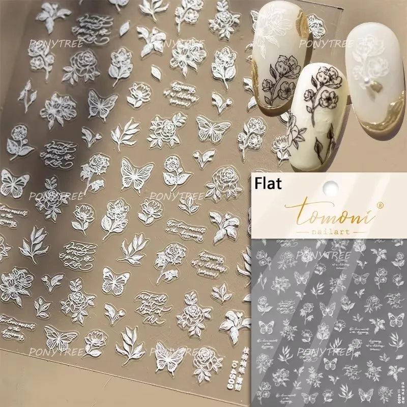 Flower Bowknot Butterfly Plant Leaf English Letter Rose Hand Drawn Embossed Relief Self Adhesive Nail Art Sticker Manicure Decal (ONLINE ORDER ONLY)