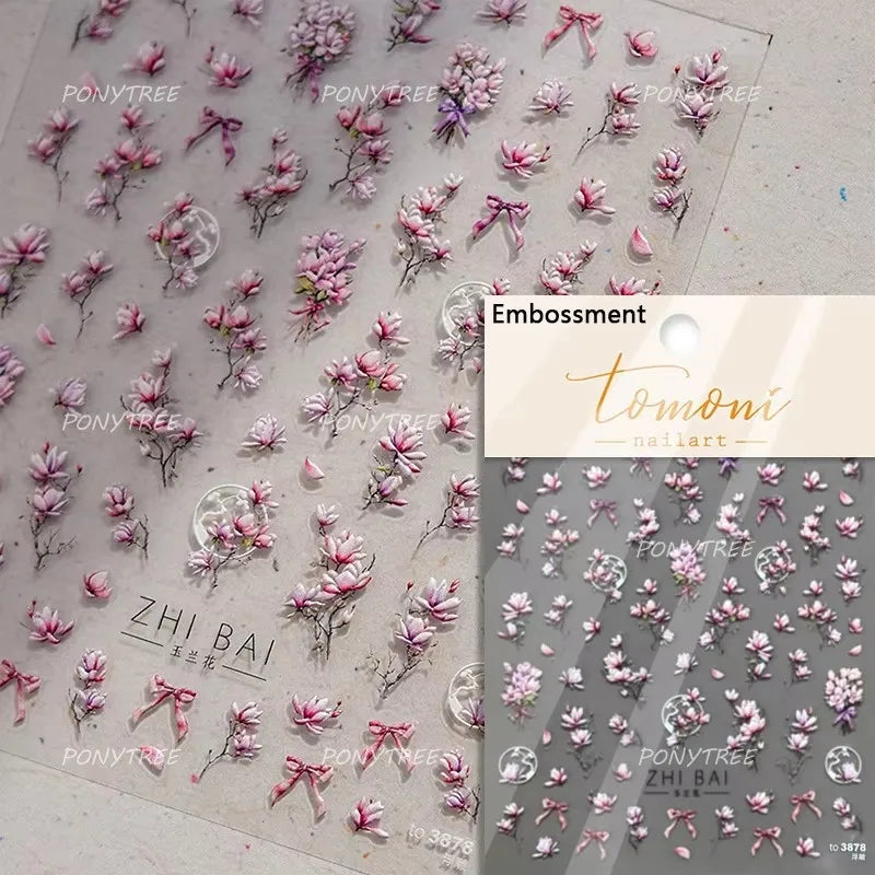 Mountain Flower Peach Blossom Vibrant Flowers Green Leaves Antique Chic Self Adhesive Nail Art Stickers Spring 3D Manicure Decal (ONLINE ORDER ONLY)