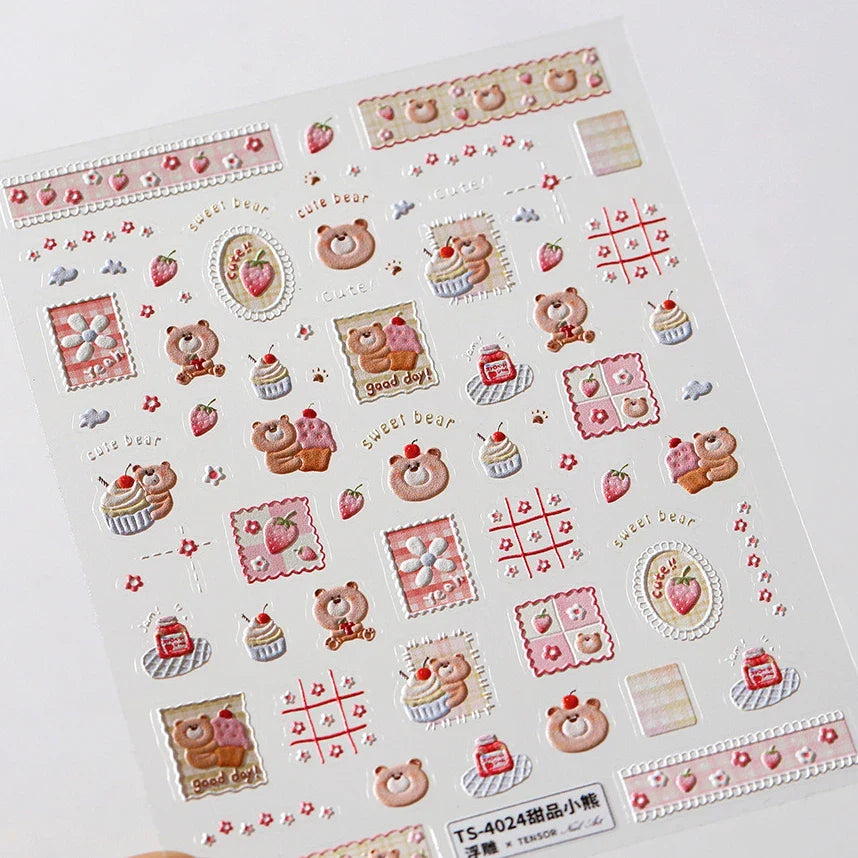 Sweet Dessert Cute Bear Cake Apple Flower Strawberry Jam Lace Line Bear Footprints Adhesive Nail Art Stickers Manicure Decals (ONLINE ORDER ONLY)