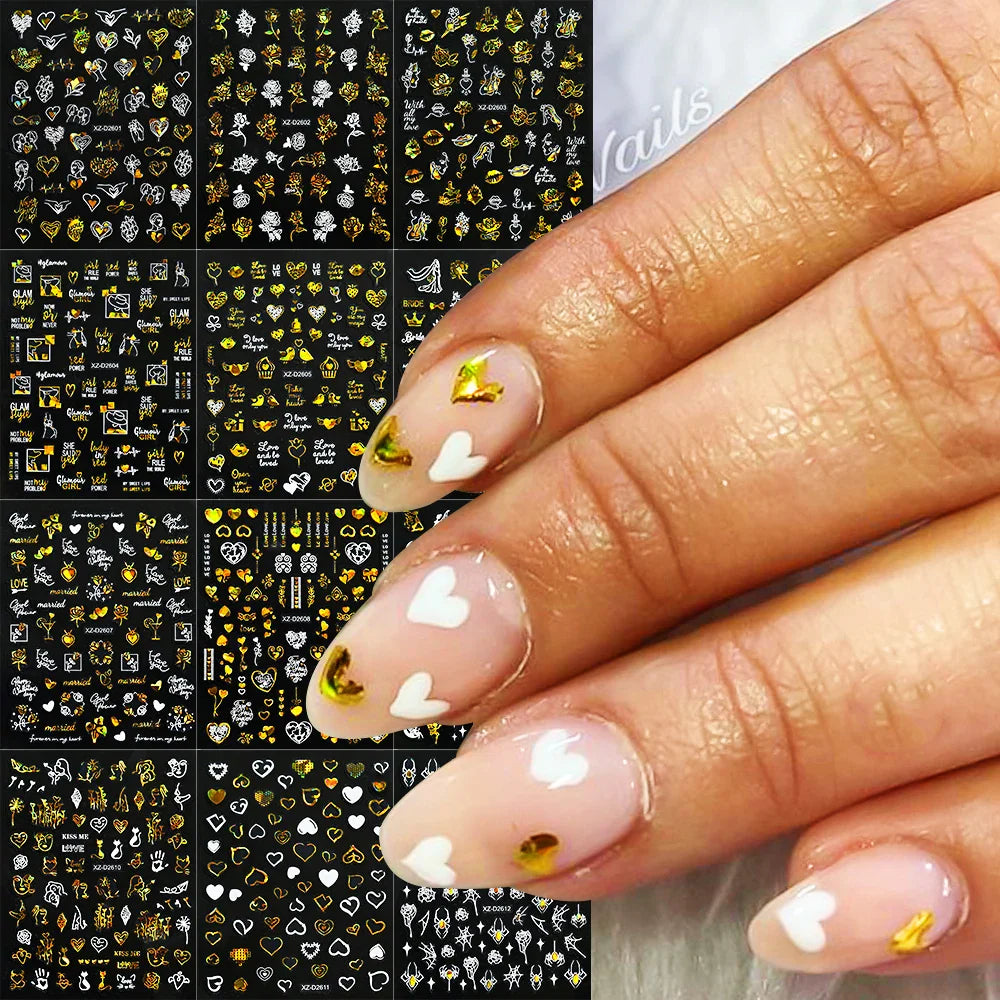 1PC Holographic Laser Heart Nail Stickers-3D Self-Adhesive Golden White Valentines Day Nail Decals For Women Nail Art Decoration (ONLINE ORDER ONLY)