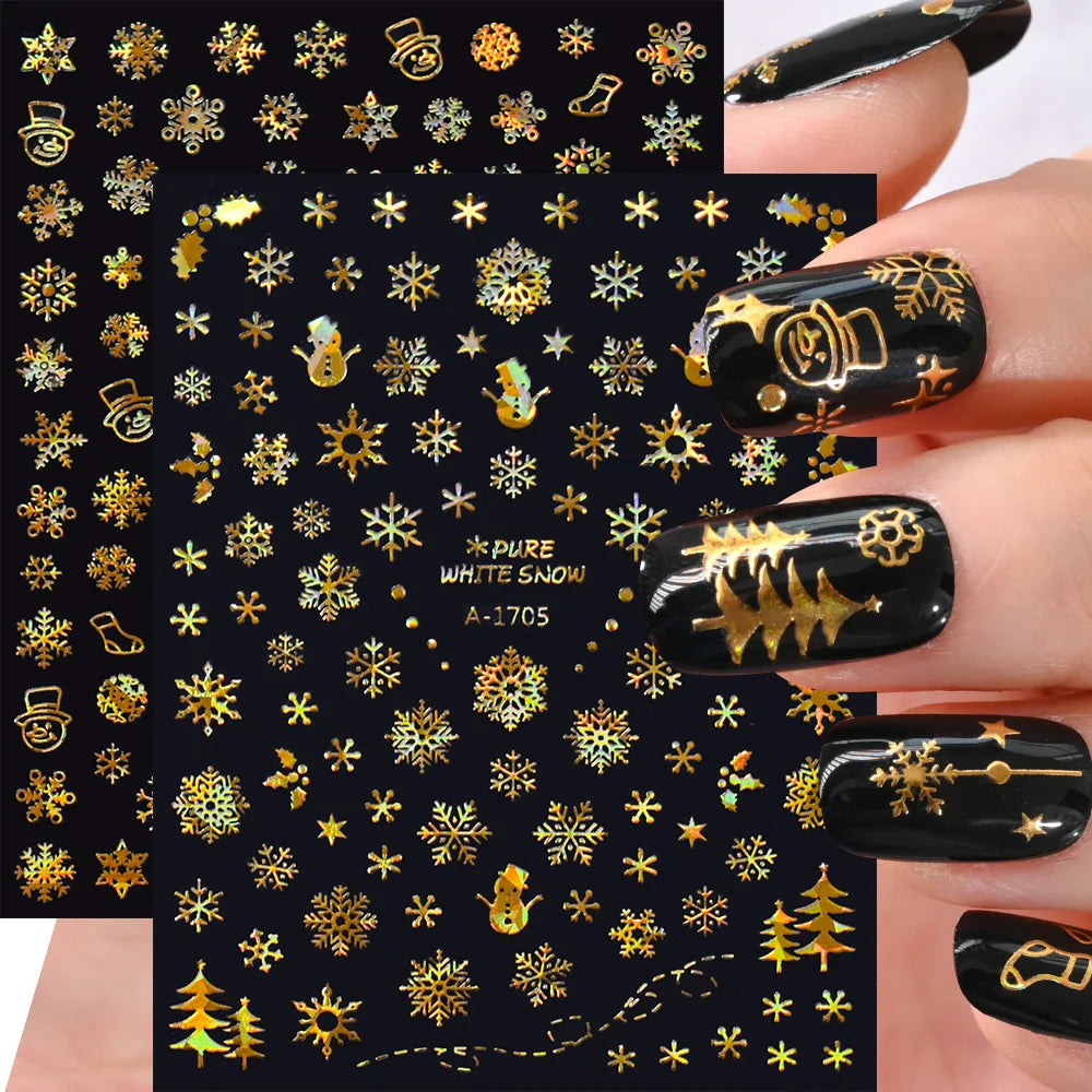 1PCS Laser Gold Snowflake Christmas Tree Nail Sticker 3D Adhesive Nail Decals Nail Art Accessories New Christmas Decoration 2024 (ONLINE ORDER ONLY)