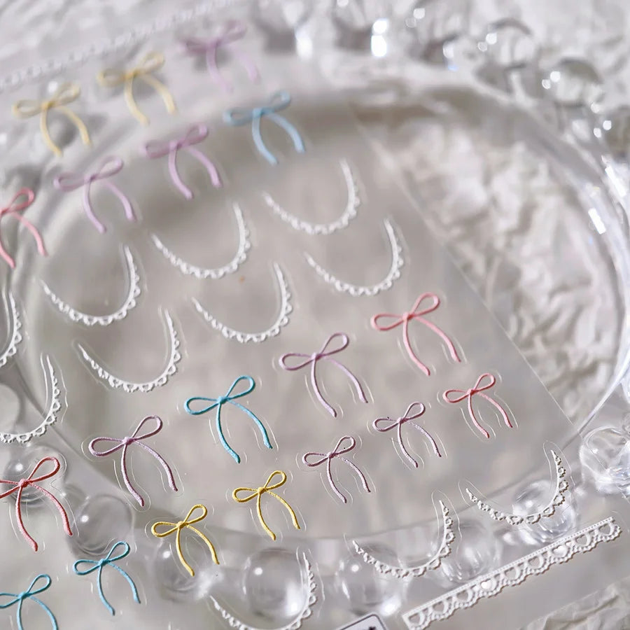 Pink Blue Purple Lovely Line Bowknot Lace Arc Curve Romantic Delicate Cording Embossed Adhesive Nail Art Sticker Manicure Decal (ONLINE ORDER ONLY)