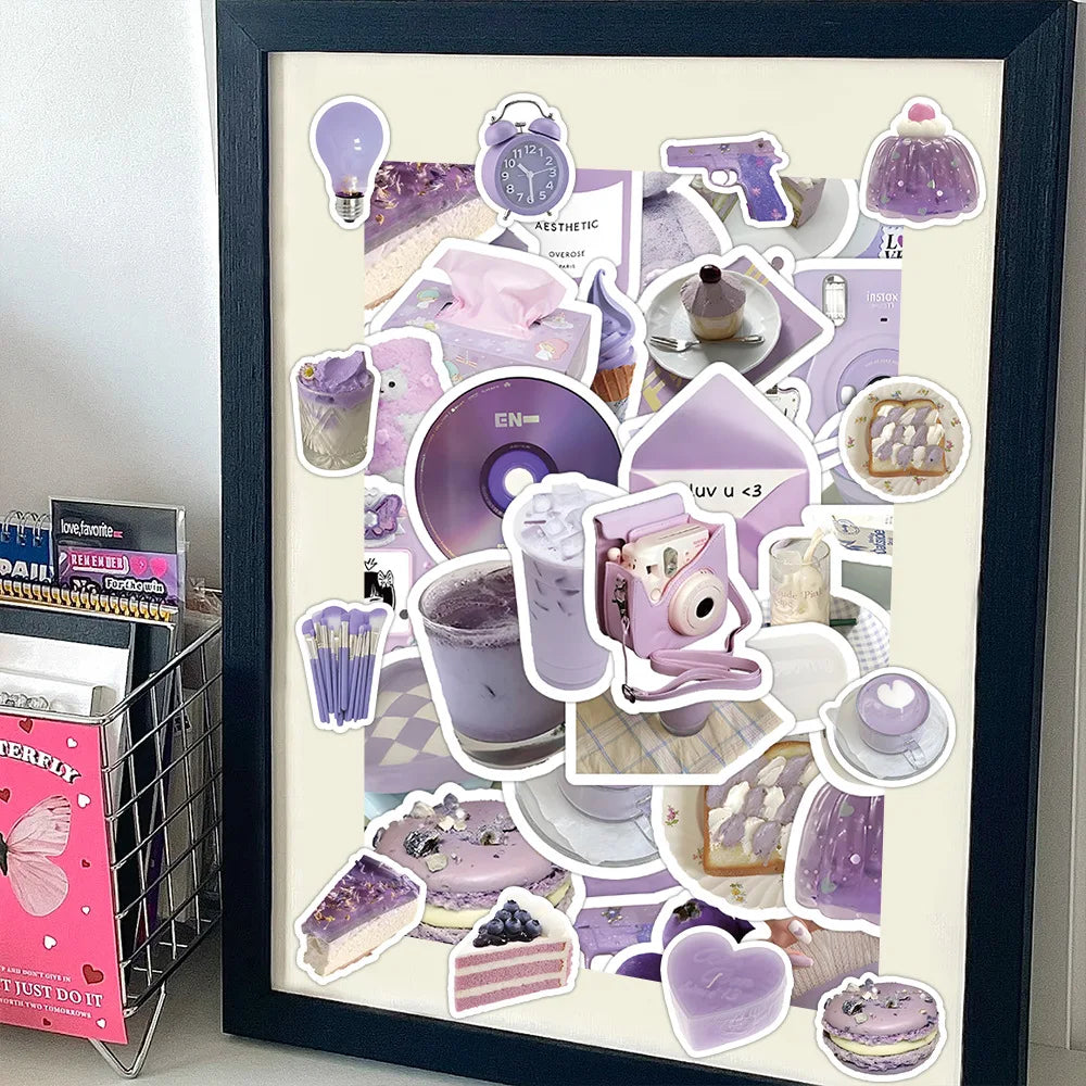10/30/60PCS Ins Cartoon Purple Stickers Aesthetic Cute Korean Style Cartoon Decals Toys DIY Phone Fridge Laptop Guitar Wall Car (ONLINE ORDER ONLY)