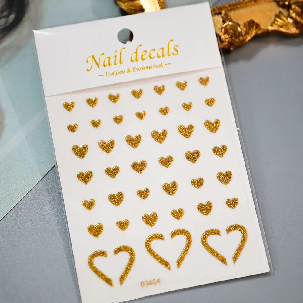 1Pc Red Pink White Heart Bow Nail Art Stickers with Glitter Sequins 5D Self Adhesive Nail Decorations Slider Decals DIY Manicure (ONLINE ORDER ONLY)
