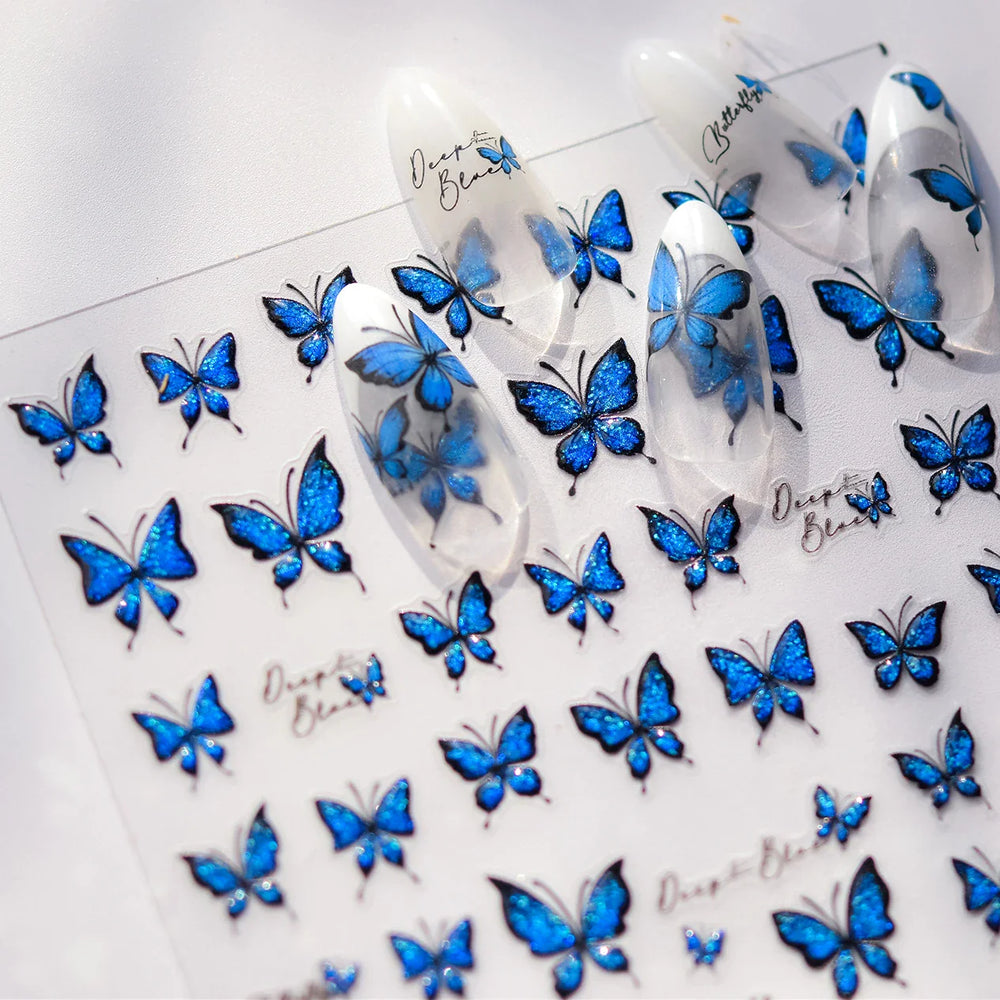 Charming Delicate Sapphire Color Blue Black Stroke Butterfly Jelly Relief Rhinestone Adhesive Nail Art Stickers Manicure Decals (Online Order Only)