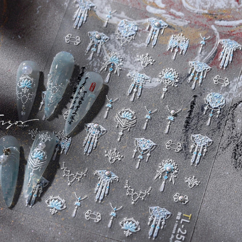 Yunjin Brocade Shawl Tassel Pendant Traditional Chinese Costumes and Ornaments Self Adhesive Nail Art Stickers Manicure Decals (ONLINE ORDER ONLY)