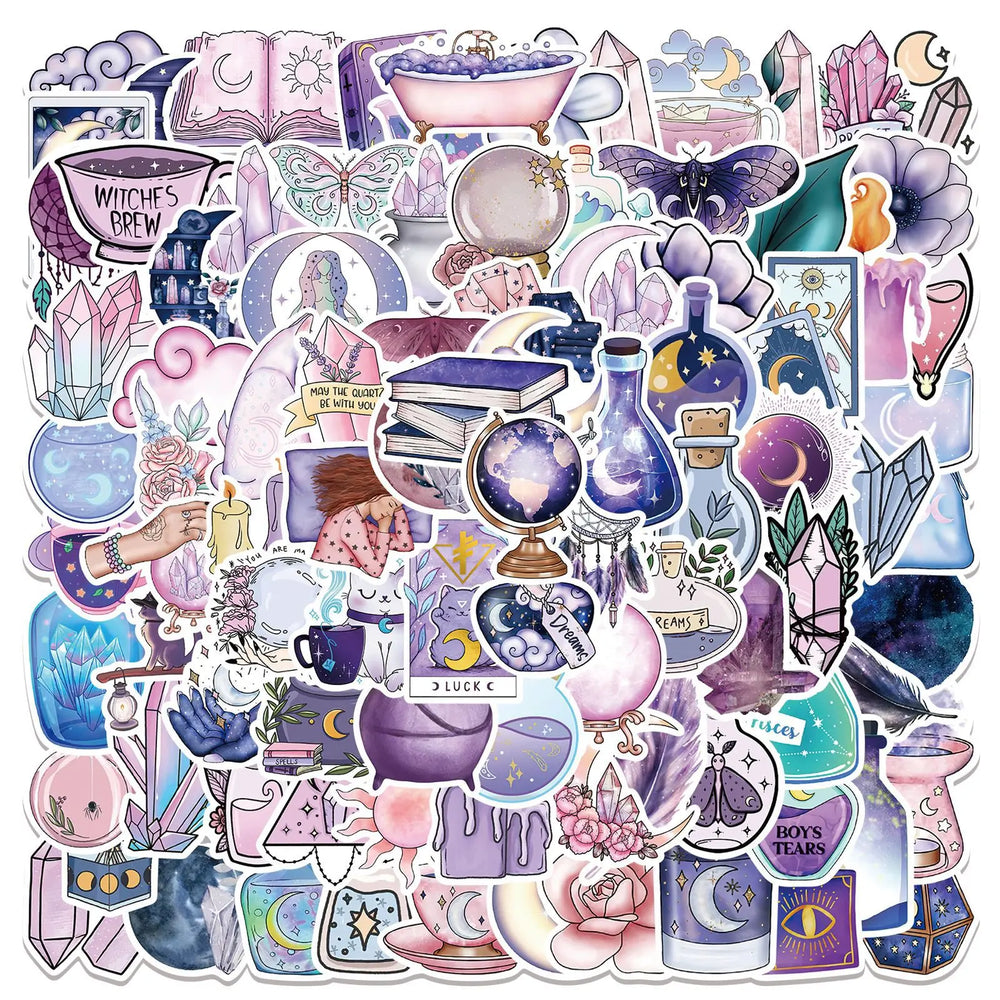 Purple Magic Crystal Moon Stickers - Aesthetic Waterproof Decals for Laptop, Phone, Luggage, Guitar (10/30/50/100PCS) (Online Order Only)