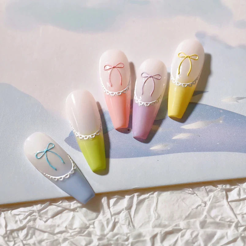 Pink Blue Purple Lovely Line Bowknot Lace Arc Curve Romantic Delicate Cording Embossed Adhesive Nail Art Sticker Manicure Decal (ONLINE ORDER ONLY)