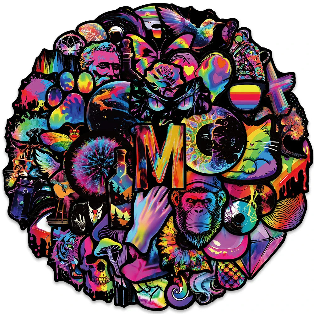 50pcs Vinyl Laptop Decals Funny Cartoon Rainbow Hippie Trippy Stickers For Luggage Guitar Phone Bike Car Waterproof Graffiti (ONLINE ORDER ONLY)