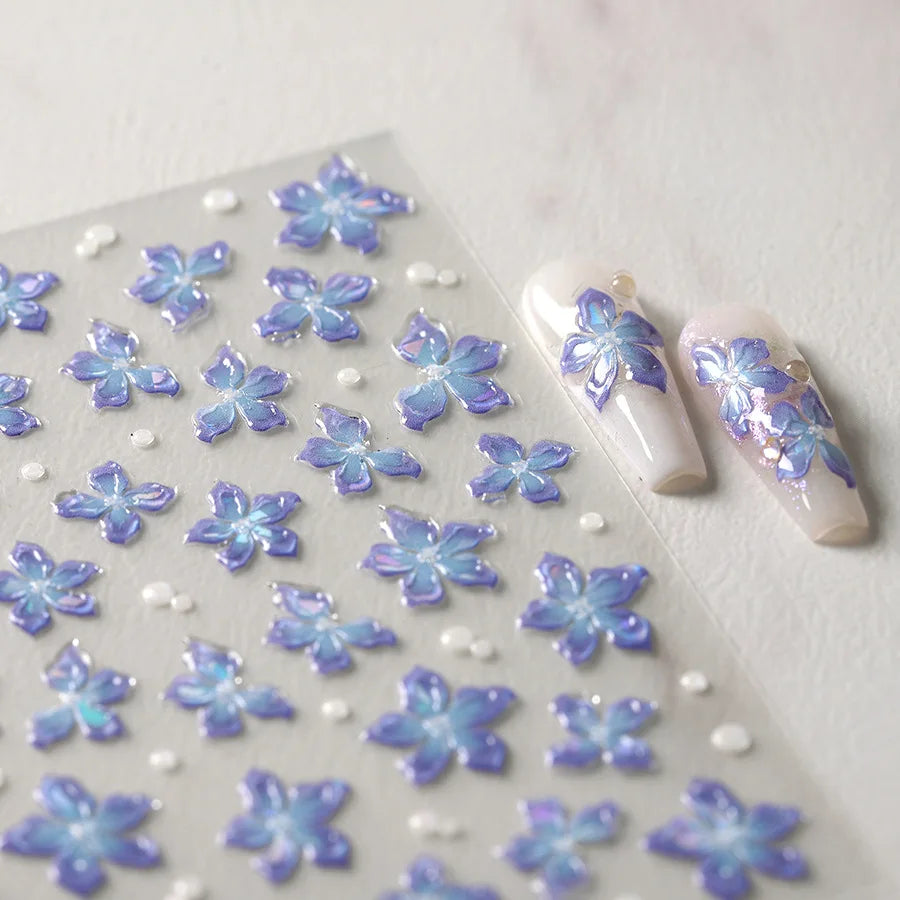 Charming Dreamy Shiny Jelly Blue Gradient Lily Flowers Rose Petal White Dot Chinese Colorful Nail Art Stickers Manicure Decals (ONLINE ORDER ONLY)