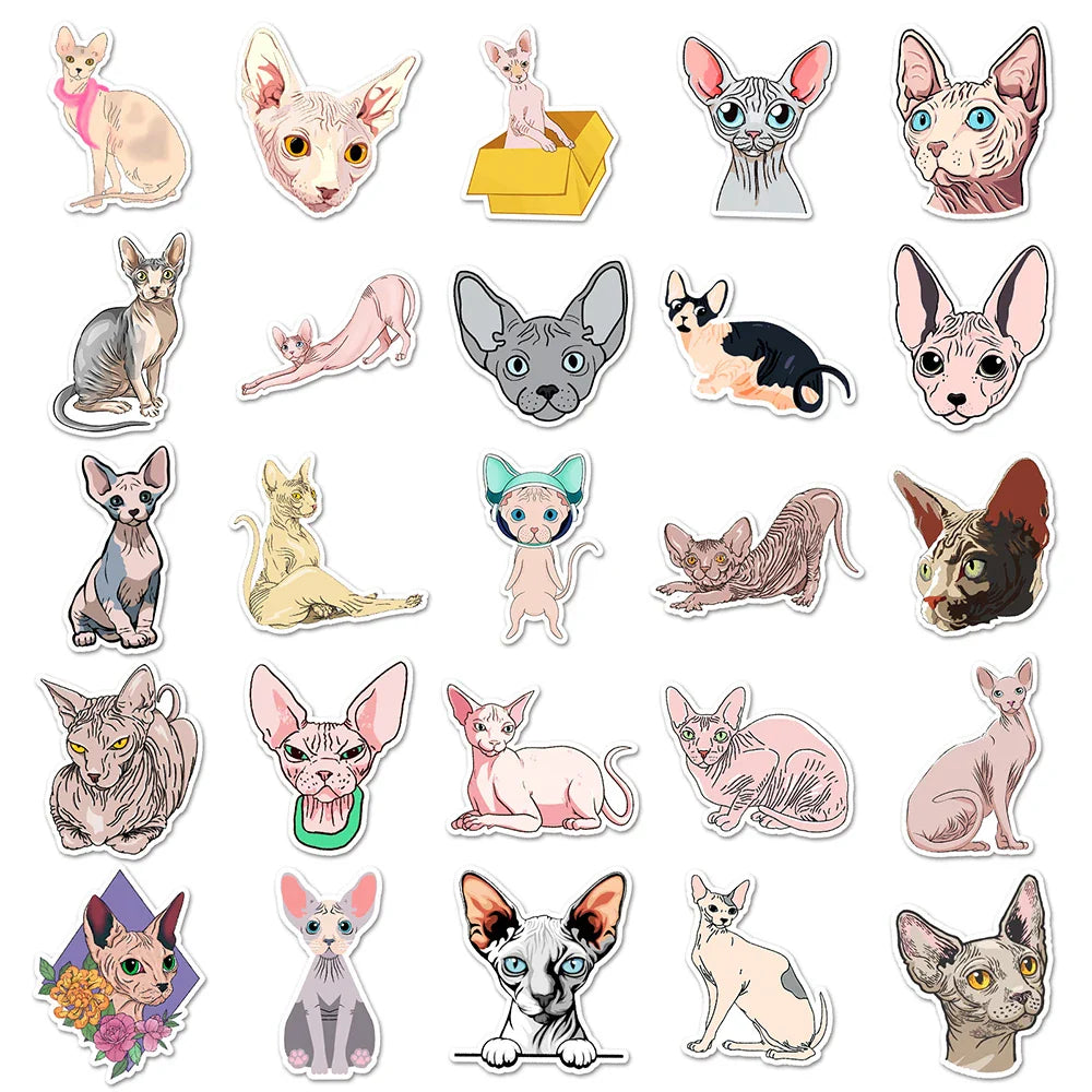 10/30/50PCS Sphynx Cats Stickers Cute Animal Decals Toys DIY Skateboard Phone Fridge Laptop Bike Car PVC Waterproof Sticker Gift (ONLINE ORDER ONLY)