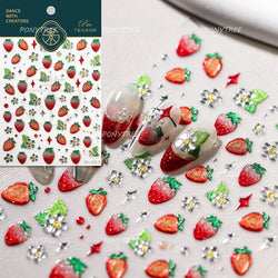Cute Pink Tempting Strawberries Attractive Fruit Cutting Line Bowknot Star Silver Stamping Chic Nail Art Stickers Manicure Decal (ONLINE ORDER ONLY)