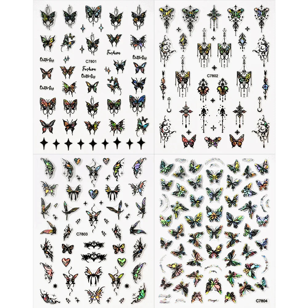 1pcs Butterfly Floral Nail Art Stickers Magic Shell Light Laser Black/White Nail Decoration Butterfly Slider Manicure Ornaments* (Online Order Only)