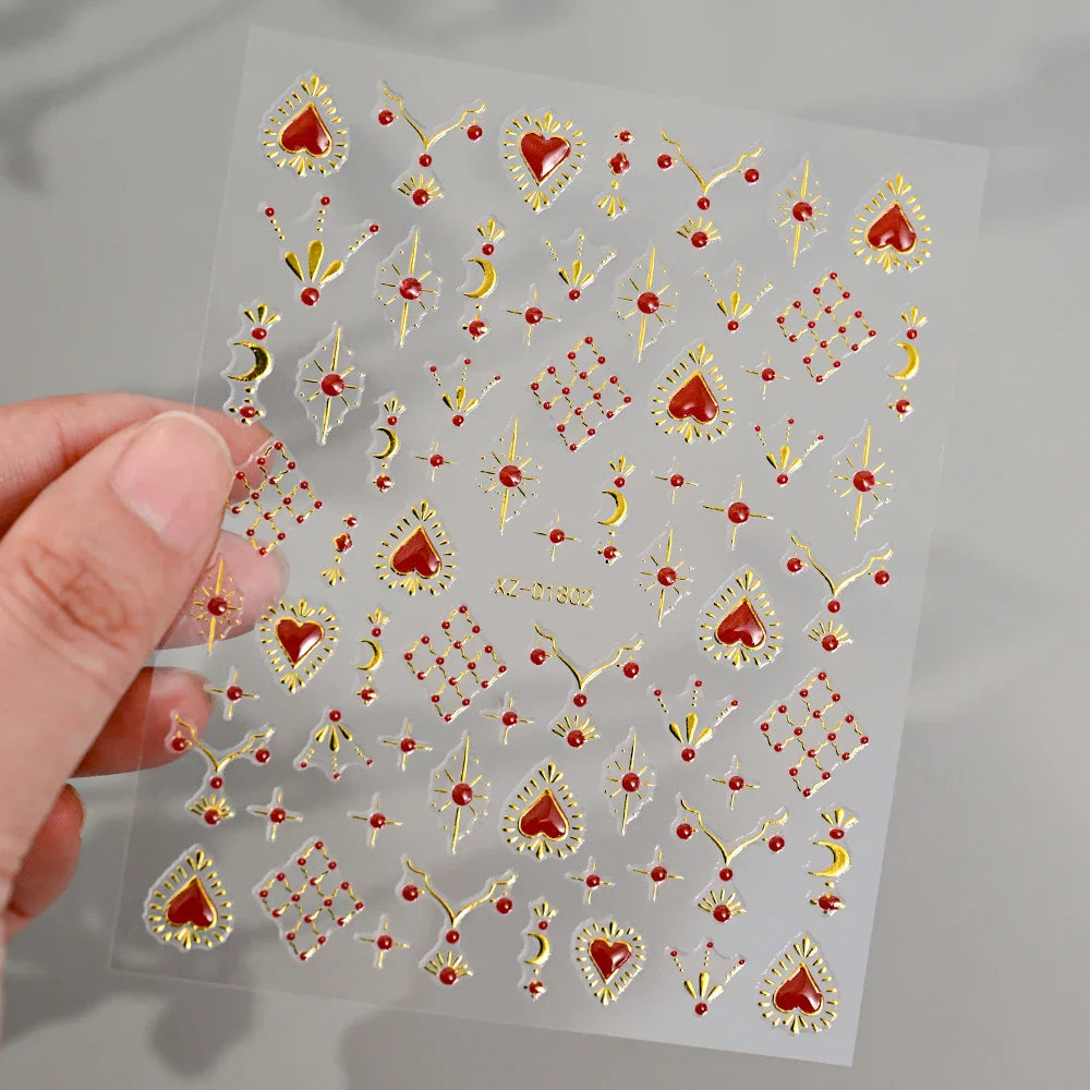 1pc Bohemian Valentine Nail Stickers 3D Self-Adhesive Fantasy Nail Art Glitter Sun, Heart, Lock, Star & Moon Designs Nail Decals (ONLINE ORDER ONLY)