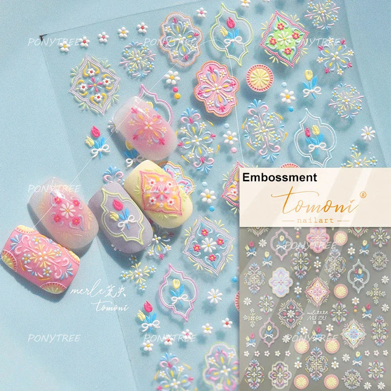 Pink Blue Yellow Embroidery Totems Geometric Floral Pattern Flower 5D Embossed Nail Art Stickers Bohemian Style Manicure Decals (ONLINE ORDER ONLY)
