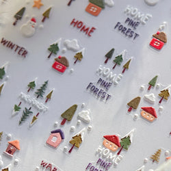 Snowman Tree House Cedar White Pine Forest Warm Winter Cloud Self Adhesive Nail Art Stickers Snowflake Star Snow Manicure Decals (ONLINE ORDER ONLY)