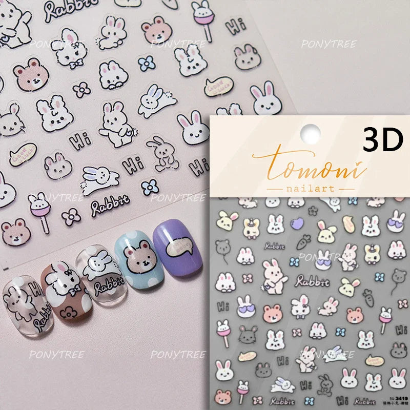 Line Cat Dog Bear Rabbit Chicken Animals Apple Cherry Cake Bowknot Butterfly Balloon Rainbow Nail Art Stickers Manicure Decals (ONLINE ORDER ONLY)