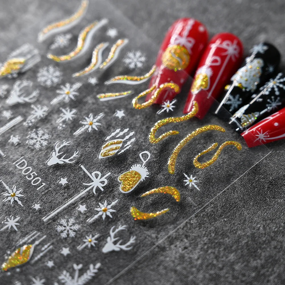1pc Christmas Nail Sticker 3D Gold Glitter Snowflake Elk Penguin Bells Design Adhesive Nail Slider Decals Winter Manicure Decor* (Online Order Only)
