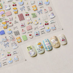 Cute Animals Bear Dog Cake Sweet Cherry Grid Bowknot Star Line Fruit Relief Self Adhesive Nail Art Stickers 3D Manicure Decals (ONLINE ORDER ONLY)