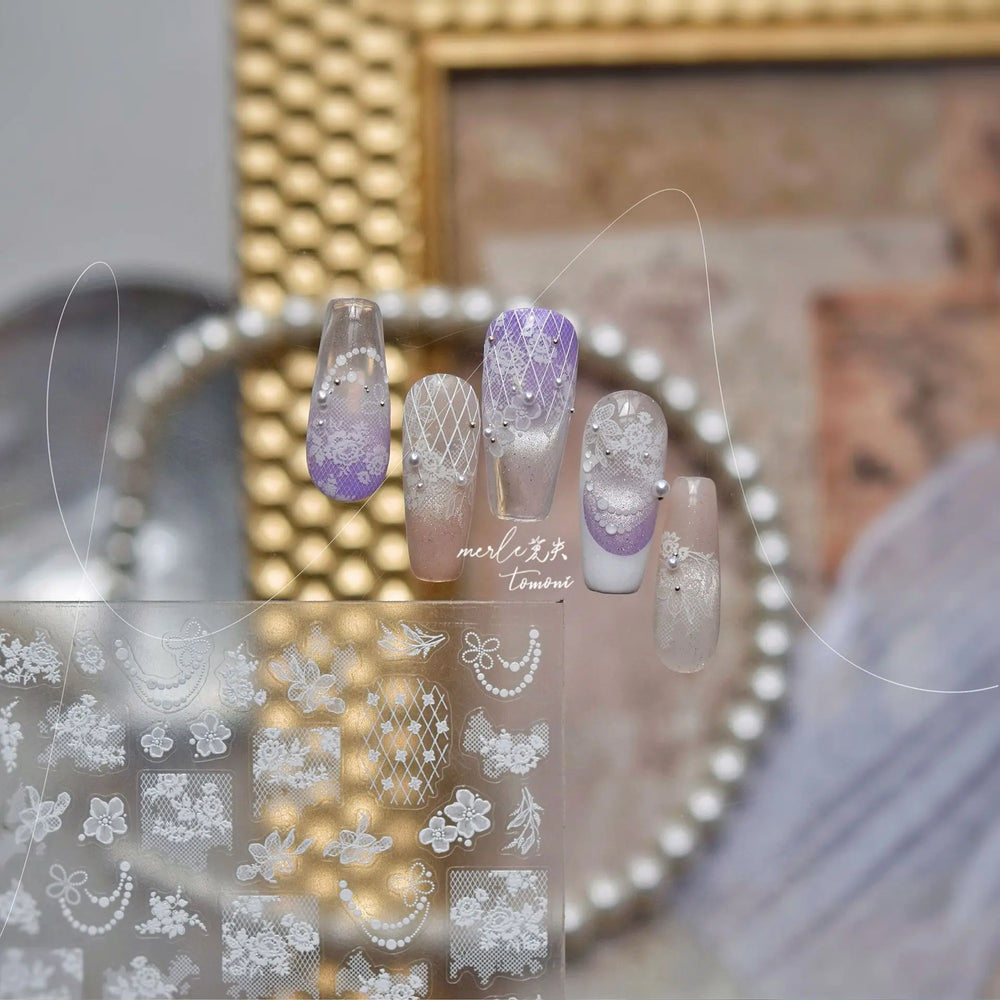 Dreamy Lace Rose Flower Fabric Art Tender Gauze Gird Pearl Pendant Irregular Pattern Nail Art Stickers Decoration Manicure Decal (ONLINE ORDER ONLY)