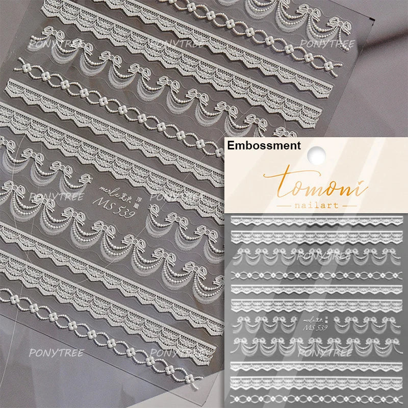 French Romantic Lace Flower Fabric Art Pearl Pendant Portrait Bowknot Textile Printing Delicate Nail Art Stickers Manicure Decal (ONLINE ORDER ONLY)