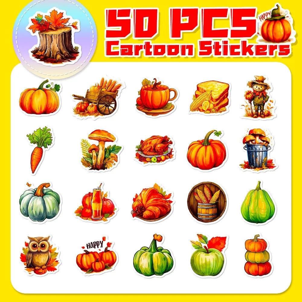10/50Pcs Thanksgiving Day Stickers Harvest Festival Cartoon Cute Pumpkin Nut Squirrel Children Toy Decals Laptop Guitar Suitcase (Online Order Only)